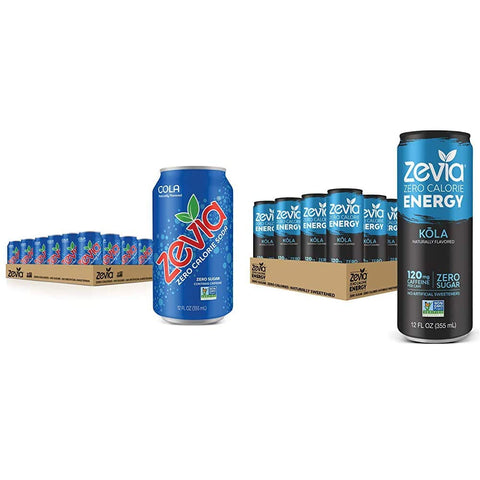 Zevia Zero Calorie Soda, Cola, Naturally Sweetened Soda, (24) 12 Ounce Cans; Cola-flavored Carbonated Soda & Zero Calorie Energy Drink Naturally Sweetened Energy Drink, Kōla, 12 Ounce (Pack of 12)