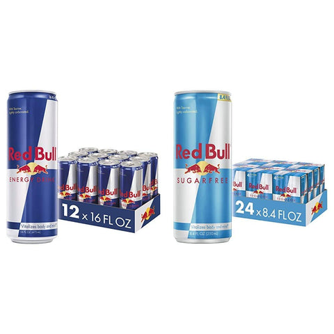 Red Bull Energy Drink, 16 Fl Oz (12 Count) & Energy Drink Sugar Free, Sugarfree, 8.4 Fl Oz (24 Count)