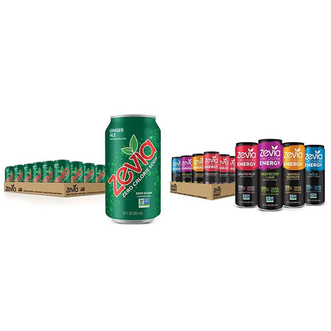 Zevia Zero Calorie Soda, Ginger Ale, Naturally Sweetened Soda, (24) 12 Ounce Cans; Ginger-flavored Carbonated Soda & Zero Calorie Energy Drink, Variety Pack, 12 Ounce (Pack of 12) Packaging May Vary