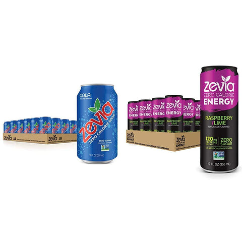 Zevia Zero Calorie Soda, Cola, 12 Ounce Cans (Pack of 24) and Zevia Zero Calorie Energy Drink, Raspberry Lime, 12 Ounce Cans (Pack of 12)