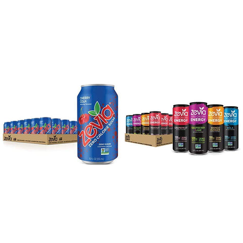 Zevia Zero Calorie Soda, Cherry Cola, Naturally Sweetened Soda, (24) 12 Ounce Cans; Cherry Cola-flavored Carbonated Soda & Zero Calorie Energy Drink, Variety Pack, 12 Ounce (Pack of 12)