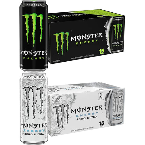 Monster Energy Drink, Green, Original,16oz (Pack of 15) + Monster Energy Zero Ultra, 16oz (Pack of 15)