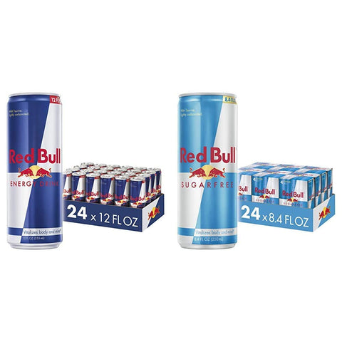 Red Bull Energy Drink, 12 Fl Oz, 24 Cans and Red Bull Sugar Free Energy Drink, 8.4 Fl Oz, 24 Cans (6 Packs of 4)