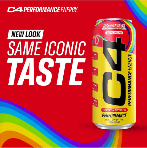 Cellucor C4 Performance Energy Drink | Cosmic Rainbow | Zero Sugar Carbonated Preworkout Energy | 200mg Caffeine with Beta Alanine | 16 Fl Oz (12 Pack), Packaging May Vary