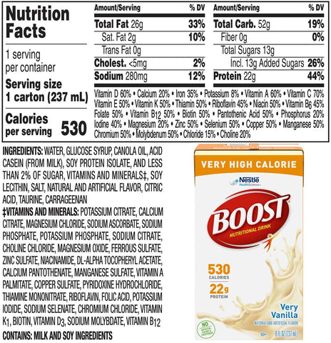 Boost Very High Calorie Nutritional Drink Very Vanilla, Made with Natural Vanilla Flavor & No Artificial Flavors, Colors & Sweeteners, 8 FL OZ (Pack...