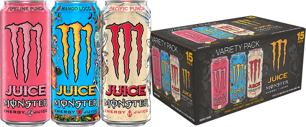 Monster Energy  Variety Pack, Pipeline Punch, Mango Loco, Pacific Punch, Energy+Juice,  (Pack of 15)