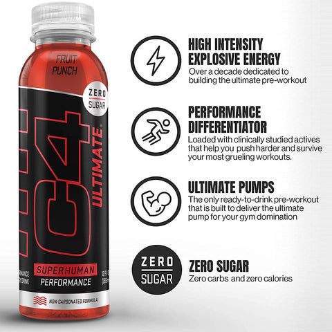 Cellucor C4 Ultimate Non-Carbonated Zero Sugar Energy Drink, Pre Workout Drink + Beta Alanine, 12 Fl Oz (Pack of 12)