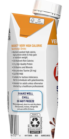 Boost Very High Calorie Nutritional Drink Made with Natural Flavor & No Artificial Flavors, Colors & Sweeteners, Chocolate, 8 FL OZ (Pack of 12)