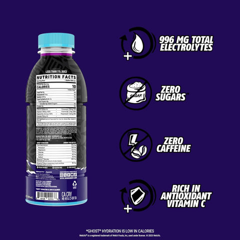 GHOST Hydration Drink, Welch’s Grape - RTD Sports Drink with Electrolytes, Natural Vitamins