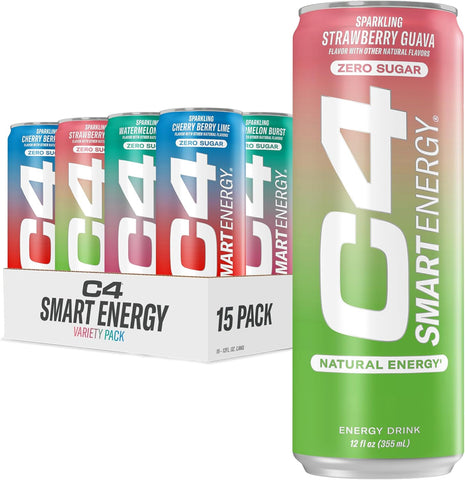 Cellucor C4 Smart Energy Drink Variety Pack, Strawberry Guava, Cherry Berry Lime, Watermelon, 15pk 12oz