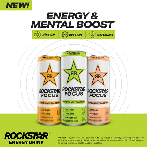 Rockstar Focus, White Peach, 12 Fl Oz Cans (Pack of 12)