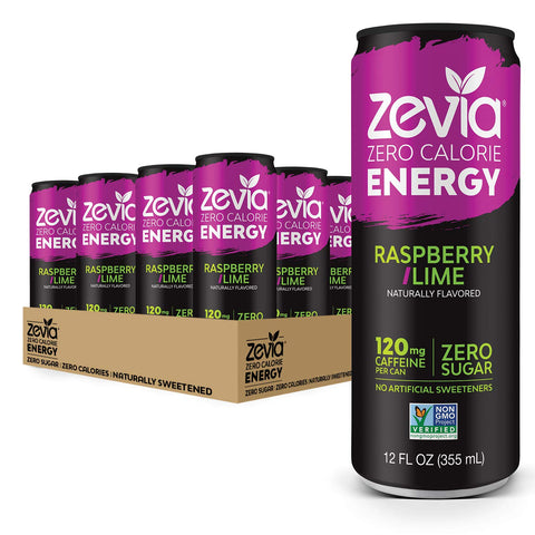Zevia Zero Calorie Soda, Cola, 12 Ounce Cans (Pack of 24) and Zevia Zero Calorie Energy Drink, Raspberry Lime, 12 Ounce Cans (Pack of 12)