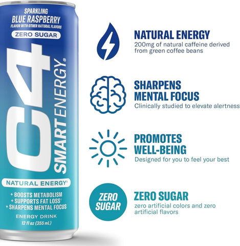 Cellucor C4 Smart Energy Drink – Boost Focus and Energy with Zero Sugar, Natural Energy, and Nootropics - 200mg Caffeine - Cherry Berry Lime (12oz Pack of 12)