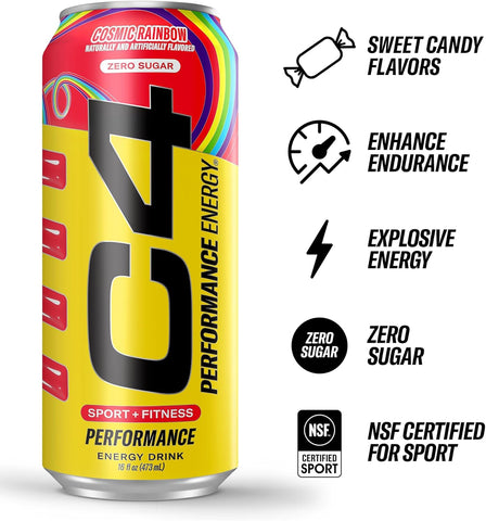 Cellucor C4 Performance Energy Drink | Cosmic Rainbow | Zero Sugar Carbonated Preworkout Energy | 200mg Caffeine with Beta Alanine | 16 Fl Oz (12 Pack), Packaging May Vary