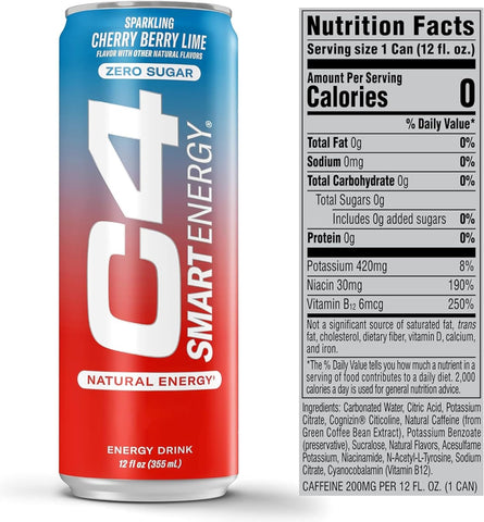 Cellucor C4 Smart Energy Drink Variety Pack, Strawberry Guava, Cherry Berry Lime, Watermelon, 15pk 12oz