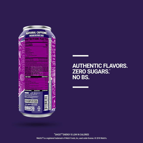 GHOST Energy Drink - 12-Pack, Welch's Grape, 16oz Cans - No Artificial Colors - 200mg of Natural Caffeine, L-Carnitine & Taurine - Gluten-Free & Vegan
