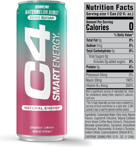 Cellucor C4 Smart Energy Drink Variety Pack, Strawberry Guava, Cherry Berry Lime, Watermelon, 15pk 12oz