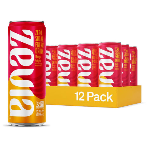 Zevia Zero Sugar Energy Drink, Mango Ginger, 12 oz Cans (12-Pack) – Naturally Sweetened, Zero Calorie Sugar Free Energy - Non-GMO Project Verified, Gluten-Free, Vegan