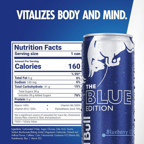 Red Bull Blue Edition Energy Drink, Blueberry, with 114mg Caffeine plus Taurine & B Vitamins, 12 Fl Oz, 6 Packs of 4 Cans (Pack of 24)