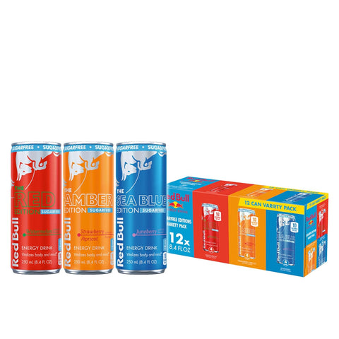 Red Bull Energy Drink Sugar Free Variety Pack, Red, Amber, and Sea Blue, with 80mg Caffeine, Taurine & B Vitamins,