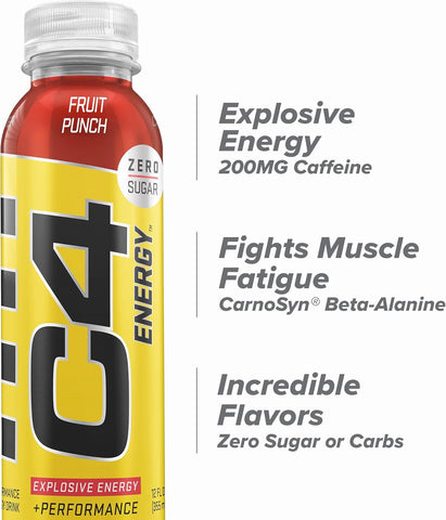 Cellucor C4 Energy Non-Carbonated Zero Sugar Energy Drink, Pre Workout Drink + Beta Alanine - Fruit Punch - 12 FL OZ (355 ml) - Pack of 12