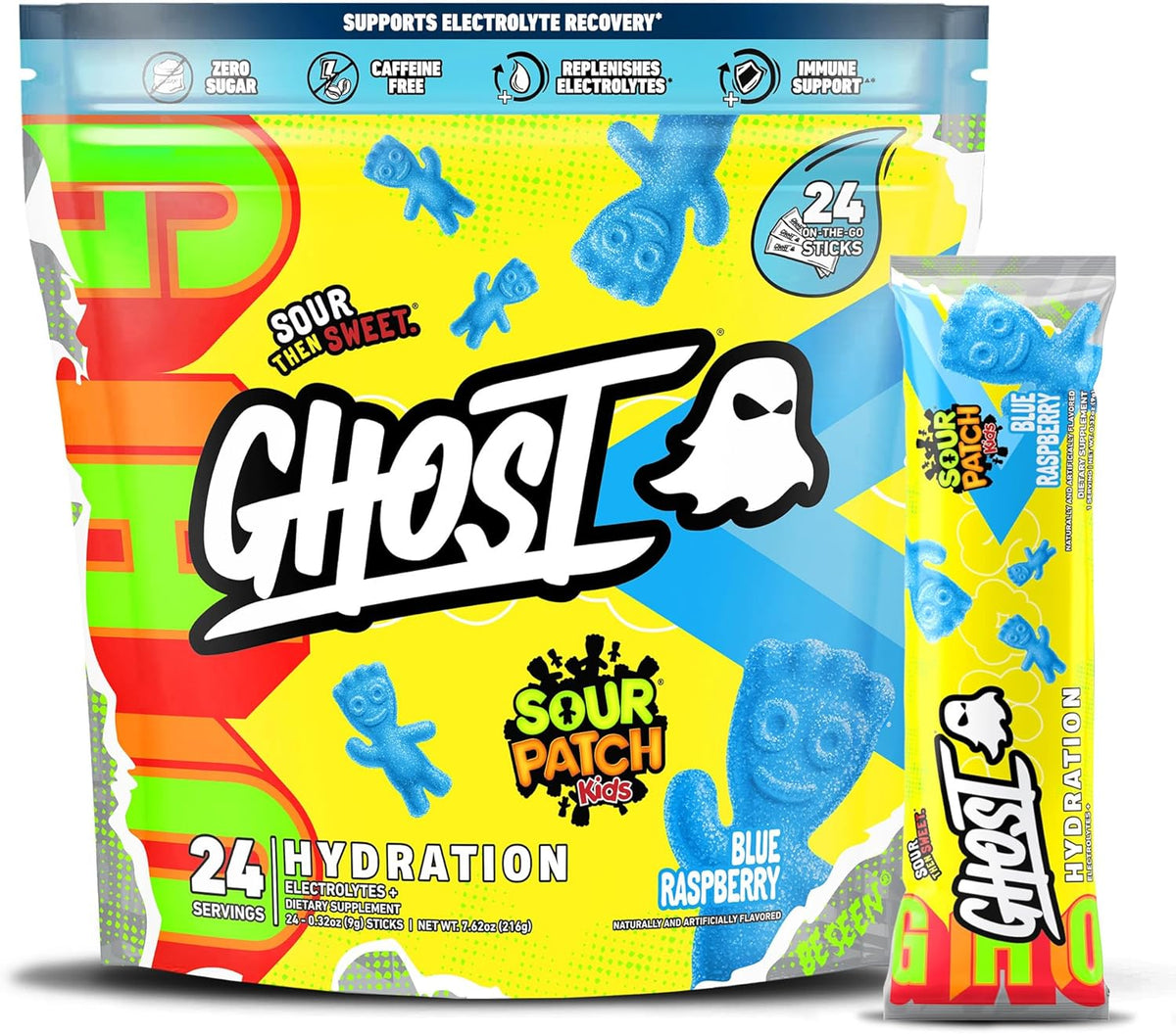 GHOST Hydration Packets, Sour Patch Kids Blue Raspberry, 24 Sticks, Electrolyte Powder - Drink Mix Supplement with Magnesium