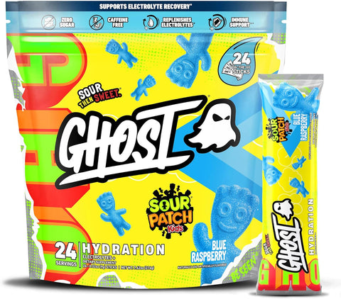 GHOST Hydration Packets, Sour Patch Kids Blue Raspberry, 24 Sticks, Electrolyte Powder - Drink Mix Supplement with Magnesium