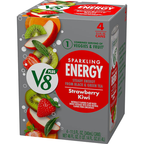 V8 +Energy Sparkling Strawberry Kiwi Juice Energy Drink, 11.5 fl oz Can (Pack of 16)