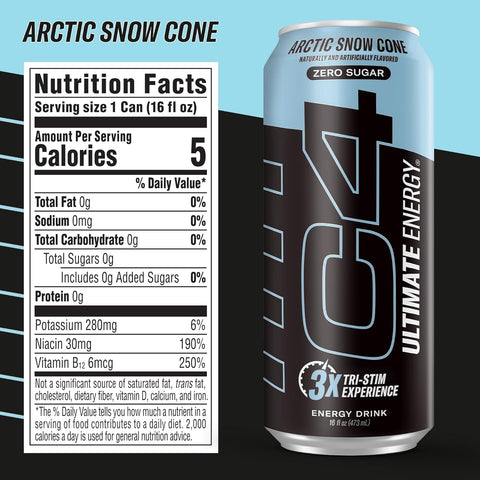C4 Ultimate Sugar Free Energy Drink 16oz (Pack of 12) | Arctic Snow Cone | Pre Workout Performance Drink with No Artificial Colors or Dyes