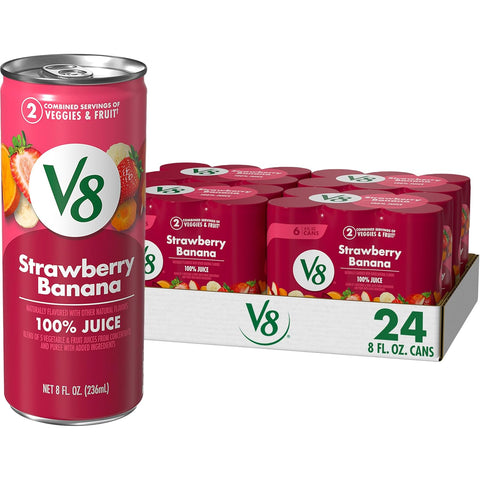 V8 Strawberry Banana 100% Fruit and Vegetable Juice, 8 fl oz Can (6 Pack) (Case of 4)
