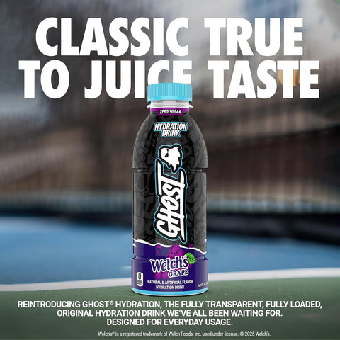 GHOST Hydration Drink, Welch’s Grape - RTD Sports Drink with Electrolytes, Natural Vitamins