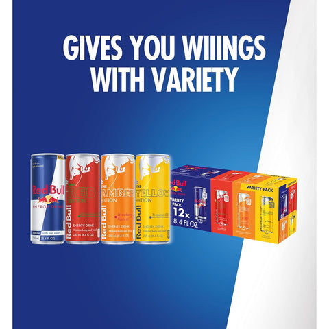 Red Bull Energy Drink Variety Pack, Energy Drink, Red, Yellow & Amber, with 80mg Caffeine plus Taurine & B Vitamins, 8.4 Fl Oz, Pack of 12 Cans