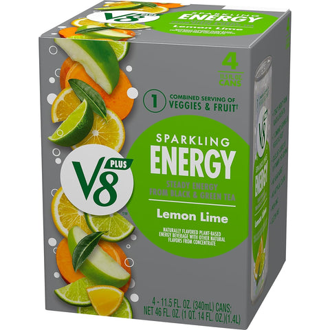 V8 +Energy Sparkling Lemon Lime Juice Energy Drink, 11.5 fl oz Can (Pack of 16)