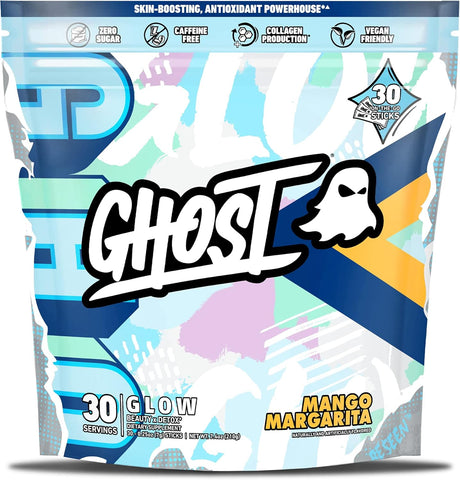GHOST Glow Sticks: Beauty and Detox Supplement - 30 On-The-Go Stick Packs, Mango Margarita - Hyaluronic Acid, Biotin