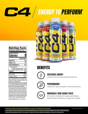 Cellucor C4 Energy Non-Carbonated Zero Sugar Energy Drink, Pre Workout Drink + Beta Alanine - Fruit Punch - 12 FL OZ (355 ml) - Pack of 12