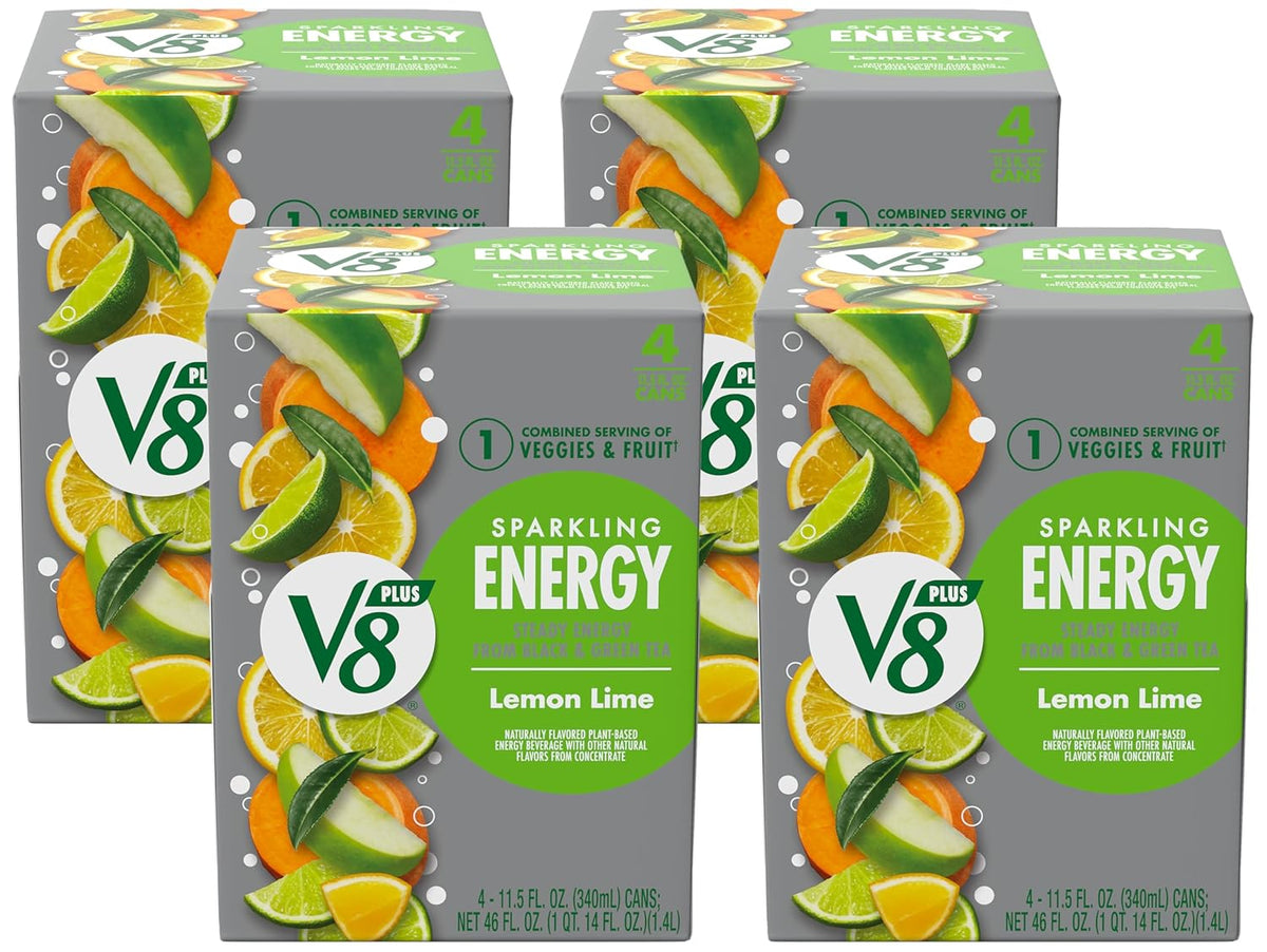 V8 +Energy Sparkling Lemon Lime Juice Energy Drink, 11.5 fl oz Can (Pack of 16)