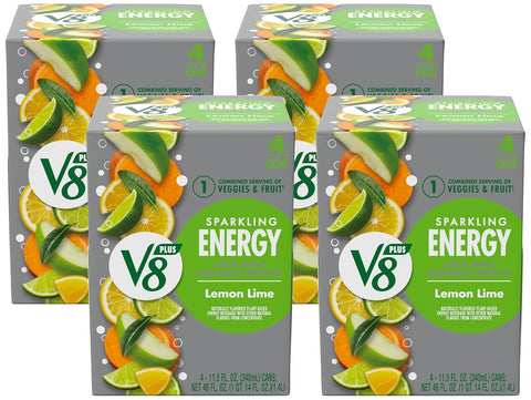 V8 +Energy Sparkling Lemon Lime Juice Energy Drink, 11.5 fl oz Can (Pack of 16)