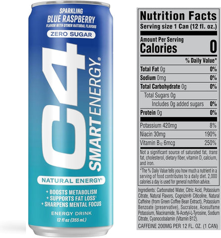 Cellucor C4 Smart Energy Drink – Boost Focus and Energy with Zero Sugar, Natural Energy, and Nootropics - 200mg Caffeine - Cherry Berry Lime (12oz Pack of 12)