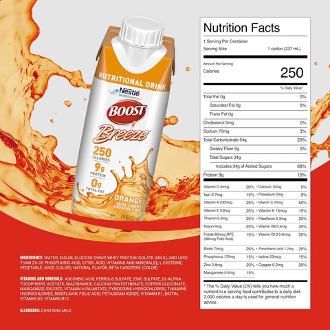 BOOST Breeze Clear Nutritional Drink - 250 Calories - 19 Vitamins & Minerals - 9 g Protein – Fortified Clear Nutritional Drink with Vitamin A & Zinc - Orange Flavor - 8 fl oz (Pack of 24)