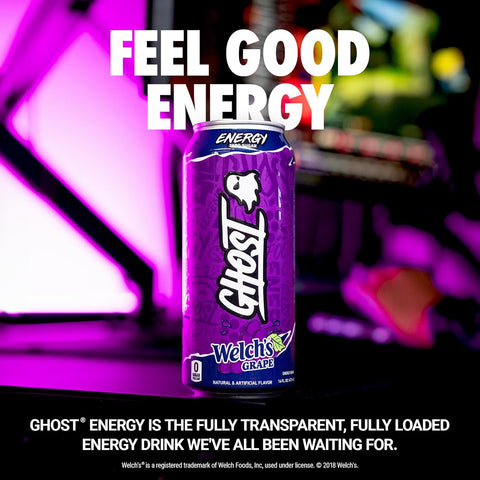 GHOST Energy Drink - 12-Pack, Welch's Grape, 16oz Cans - No Artificial Colors - 200mg of Natural Caffeine, L-Carnitine & Taurine - Gluten-Free & Vegan