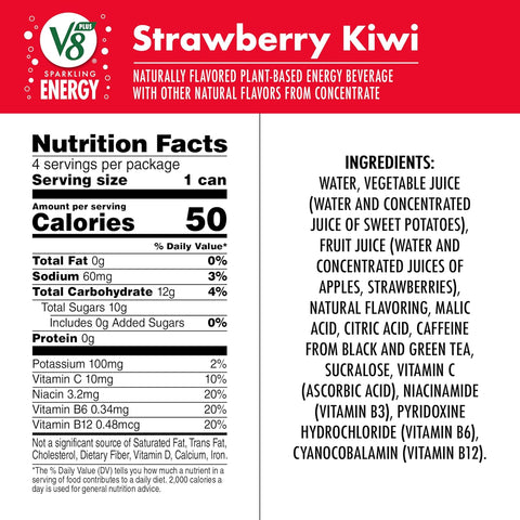 V8 +Energy Sparkling Strawberry Kiwi Juice Energy Drink, 11.5 fl oz Can (Pack of 16)