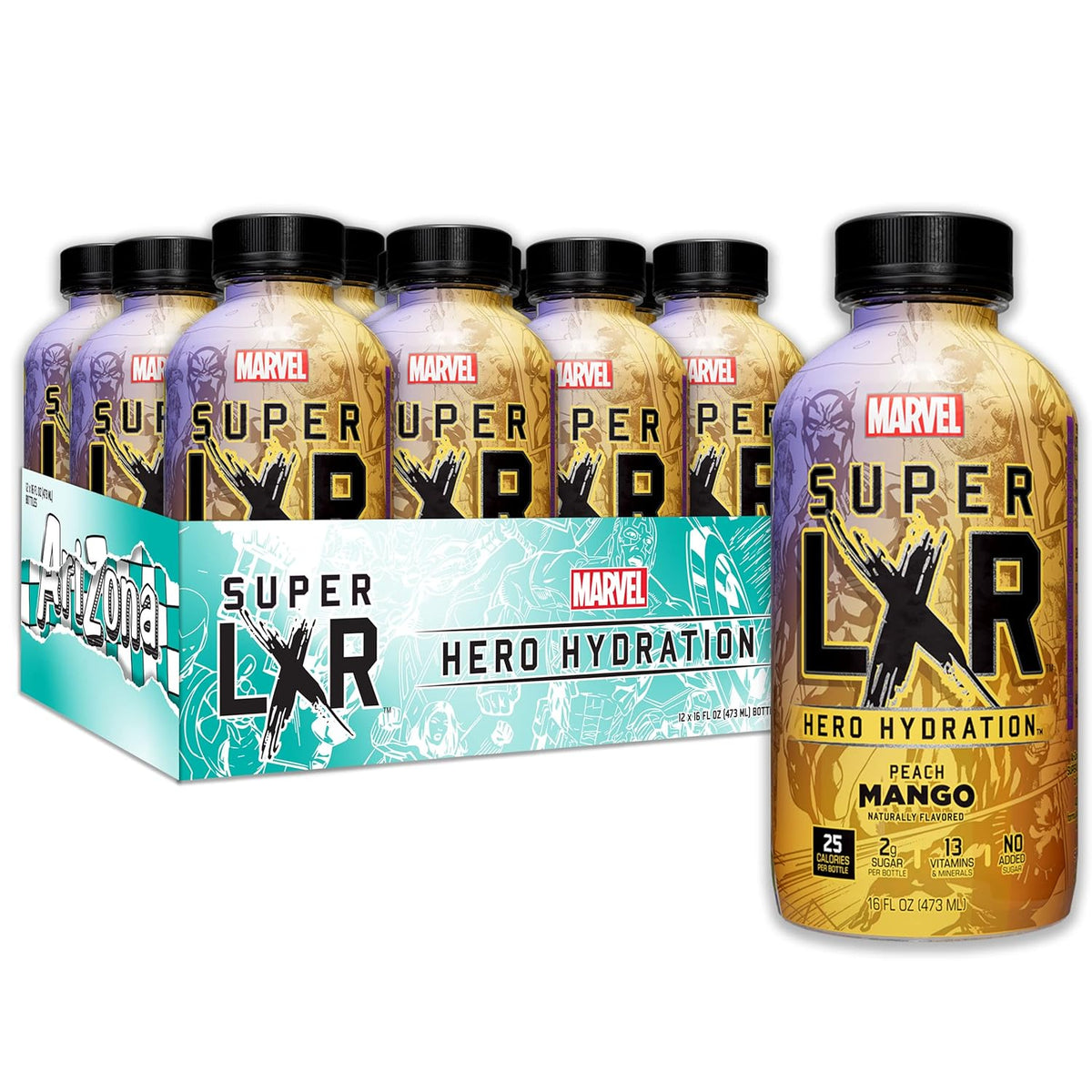 AriZona x Marvel Super LXR Hero Hydration - Peach Mango - 16oz (Pack of 12)