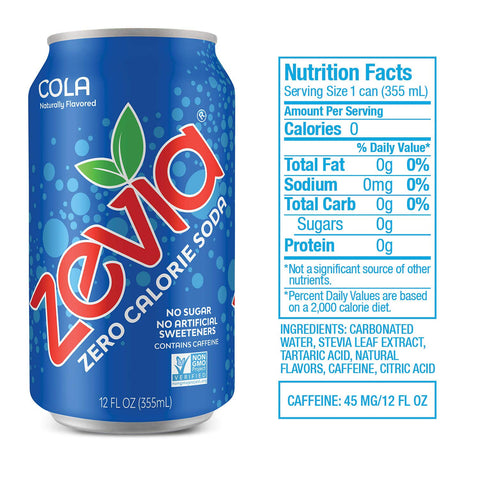 Zevia Zero Calorie Soda, Cola, 12 Ounce Cans (Pack of 24) and Zevia Zero Calorie Energy Drink, Raspberry Lime, 12 Ounce Cans (Pack of 12)