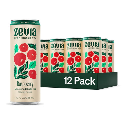 Zevia Zero Sugar Tea, Black Tea with Raspberry, 12 oz Cans (12-Pack) – Naturally Sweetened, Zero Calorie Sugar Free - Non-GMO Project Verified, Gluten-Free, Vegan