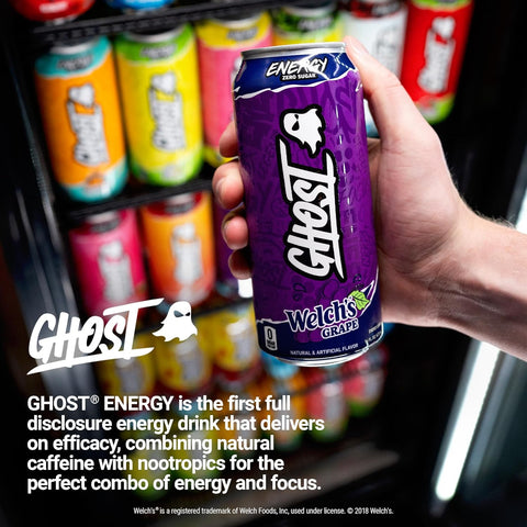 GHOST Energy Drink - 12-Pack, Welch's Grape, 16oz Cans - No Artificial Colors - 200mg of Natural Caffeine, L-Carnitine & Taurine - Gluten-Free & Vegan