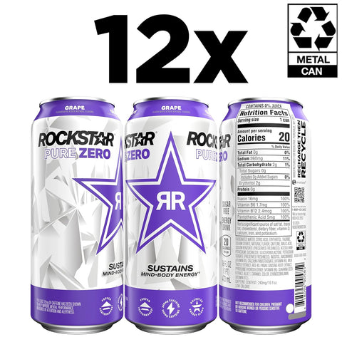 Rockstar Pure Zero Energy Drink, Grape, 0 Sugar, with Caffeine and Taurine, 16oz Cans (12 Pack) (Packaging May Vary)