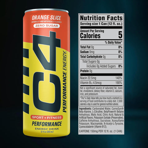 Cellucor C4 Performance Energy Drink  150mg Caffeine with Beta Alanine | Orange Slice |  (12 Pack)