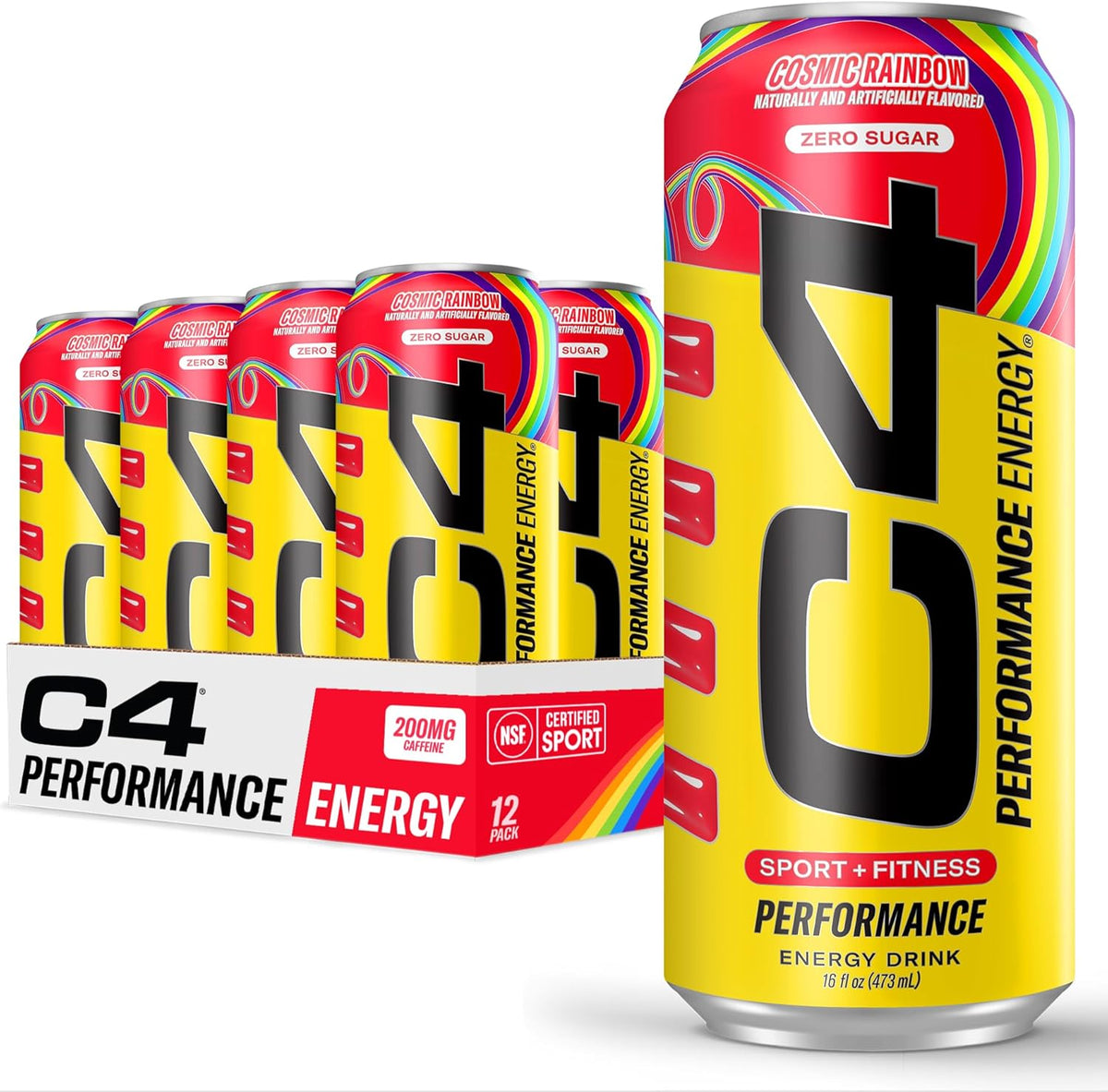 Cellucor C4 Performance Energy Drink | Cosmic Rainbow | Zero Sugar Carbonated Preworkout Energy | 200mg Caffeine with Beta Alanine | 16 Fl Oz (12 Pack), Packaging May Vary