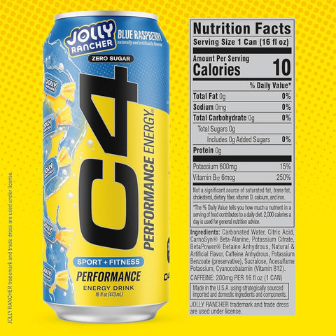 Cellucor C4 Performance Energy Drink | JOLLY RANCHER Variety Pack | Zero Sugar Carbonated Preworkout Energy | 200mg Caffeine with Beta Alanine | 16 Fl Oz (12 Pack)