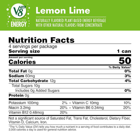V8 +Energy Sparkling Lemon Lime Juice Energy Drink, 11.5 fl oz Can (Pack of 16)